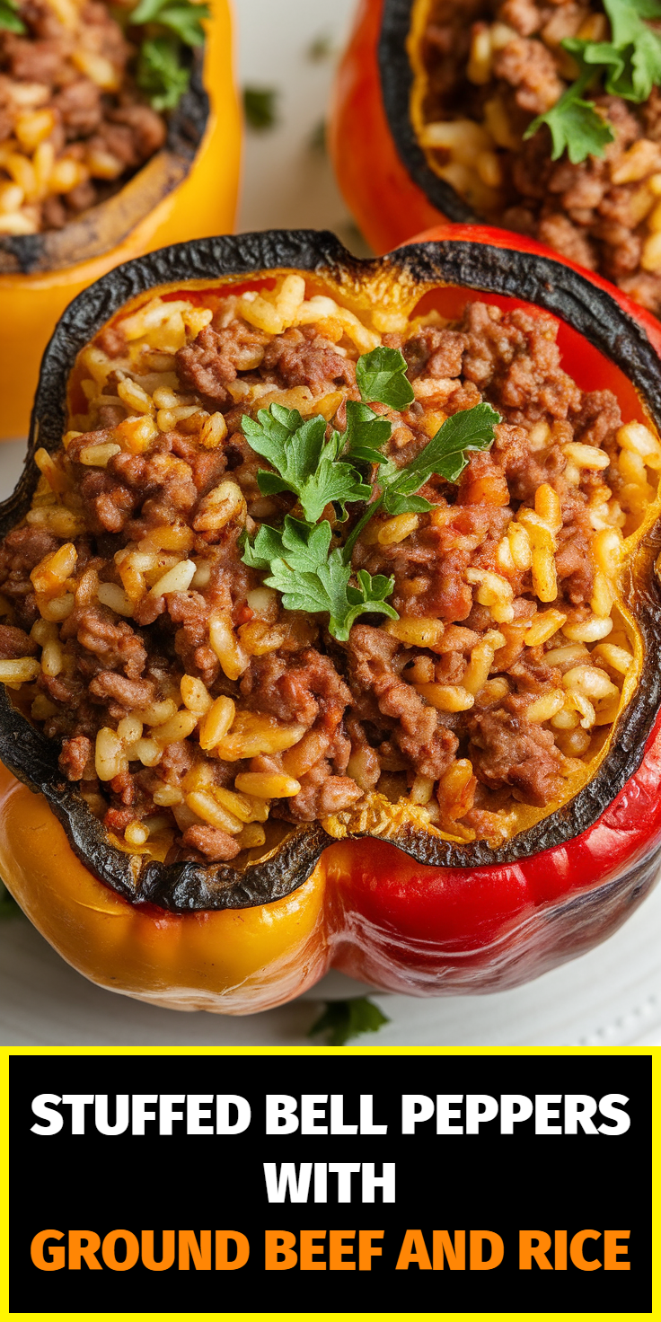 Pinterest Pin for Stuffed Bell Peppers with Ground Beef and Rice
