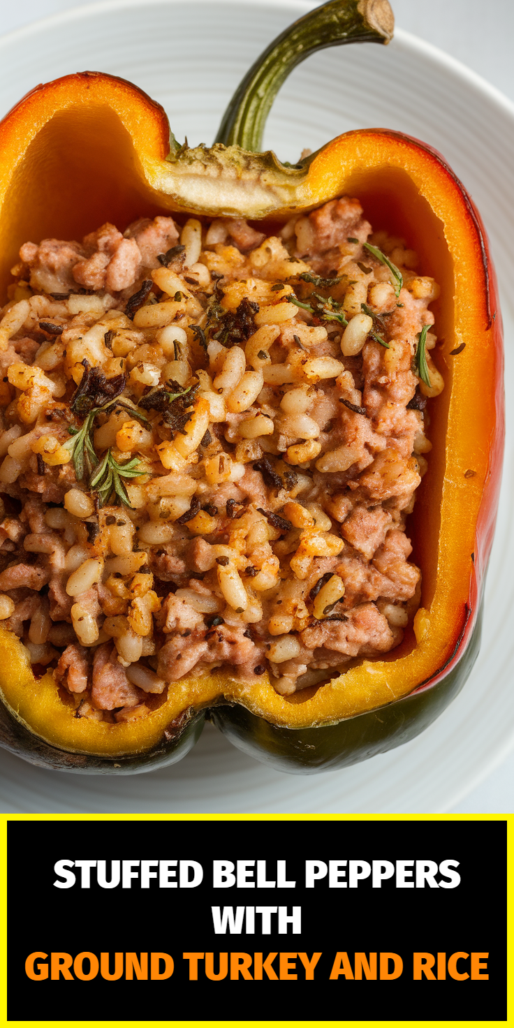 Pinterest Pin for Stuffed Bell Peppers with Ground Turkey and Rice