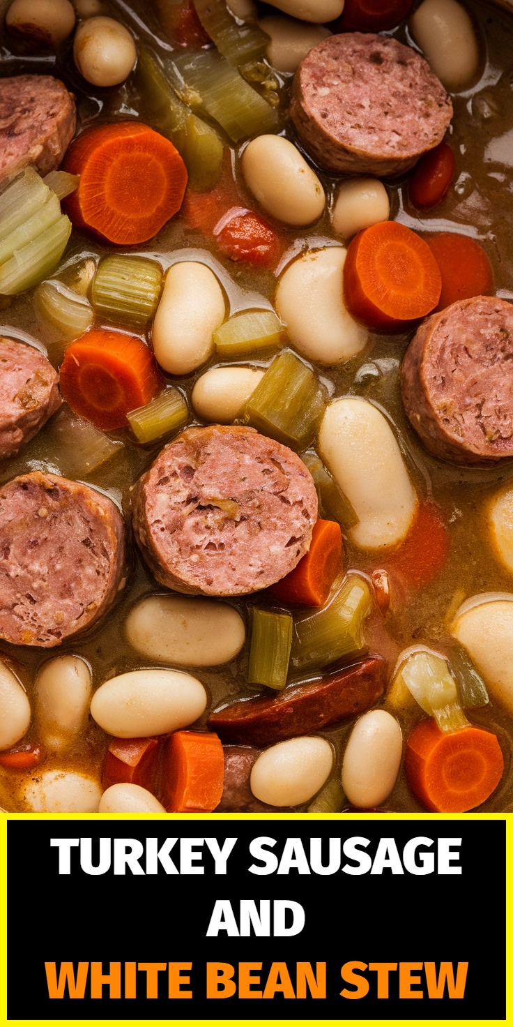 Pinterest Pin for Turkey Sausage and White Bean Stew